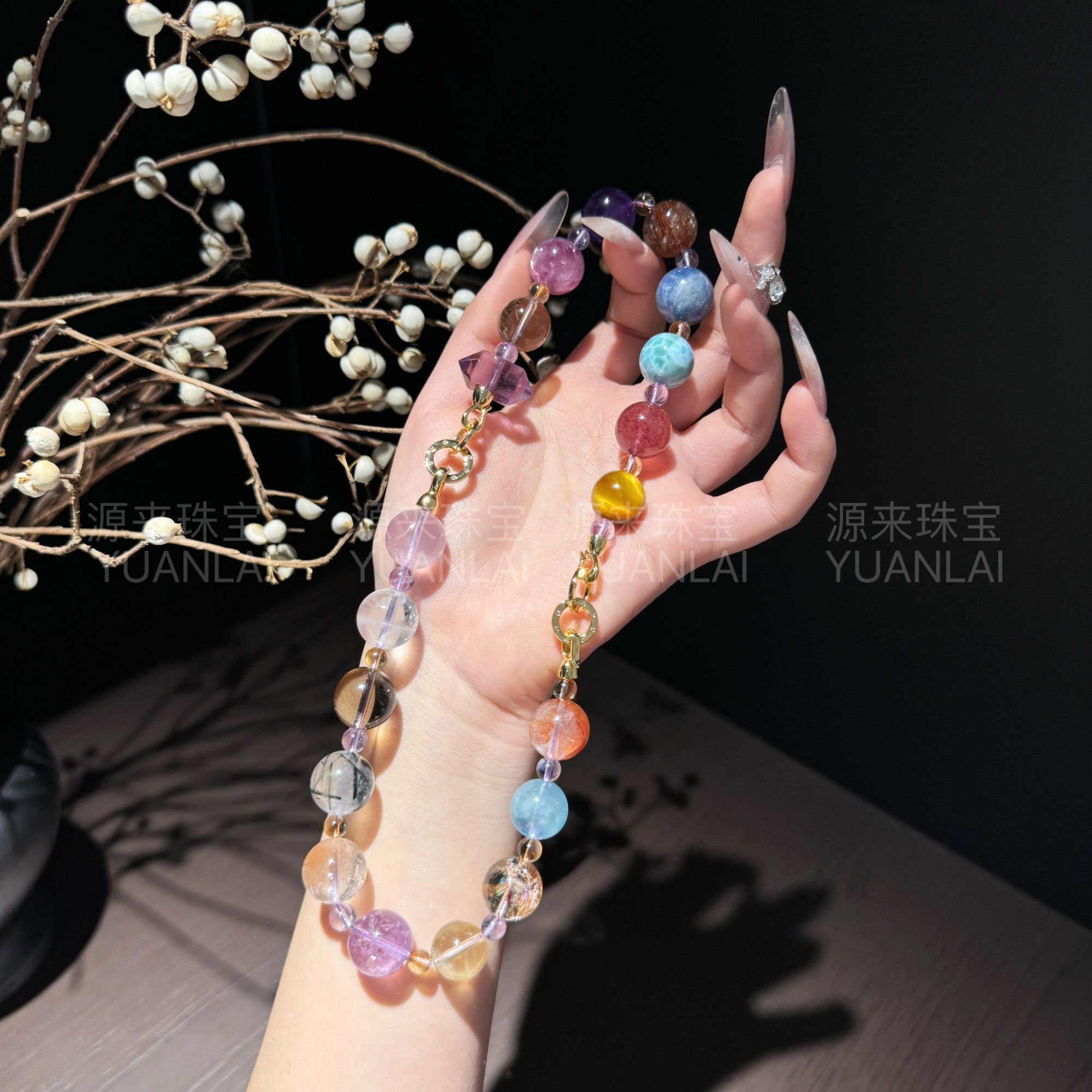 F*万色星芒*黑金超七海纹石草莓晶兔毛粉晶多圈项链 YL3883