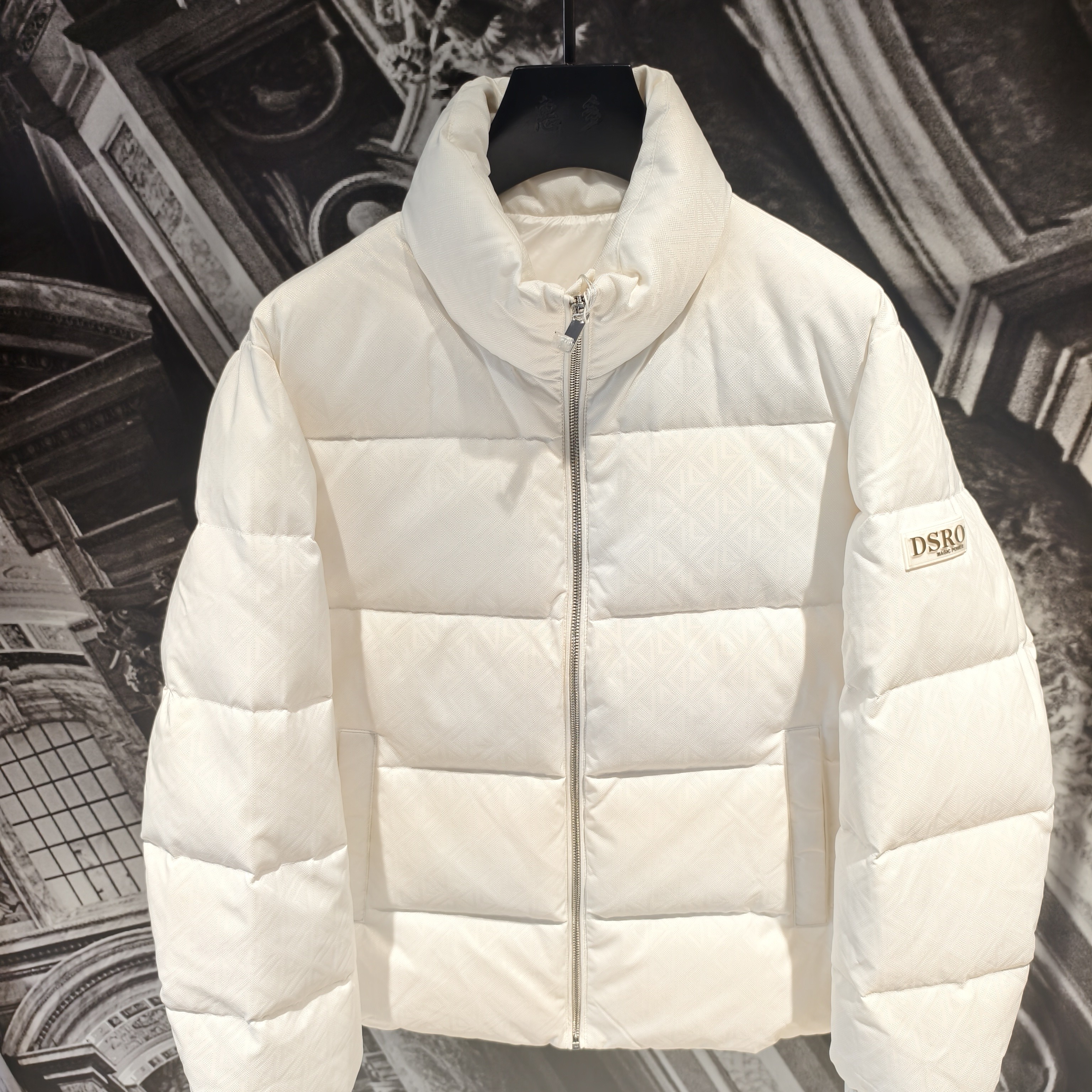 男士白色立领压花高克重白色羽绒服