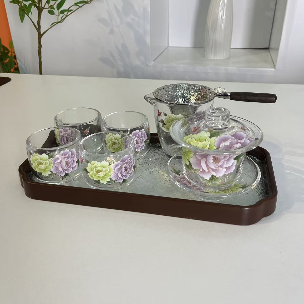 玻璃-双色牡丹花盖碗+公道+茶漏+四杯+茶盘@ZHZ843