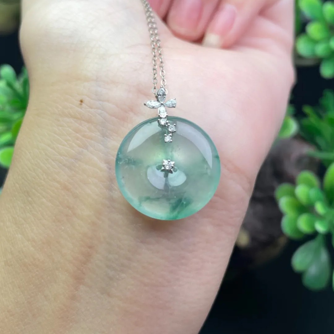 天然缅甸A货翡翠18k金镶嵌冰透飘花山水意境锁骨链翡翠平安扣