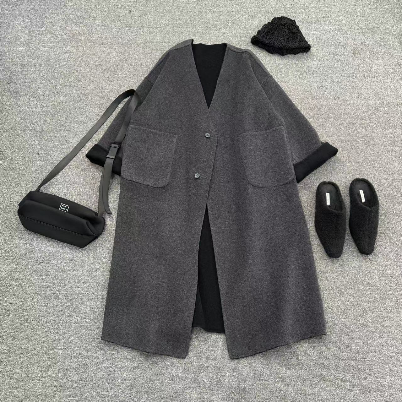 瑶睿安240斤原创大码双面绒纯手工大v领大衣气质长款秋冬 812