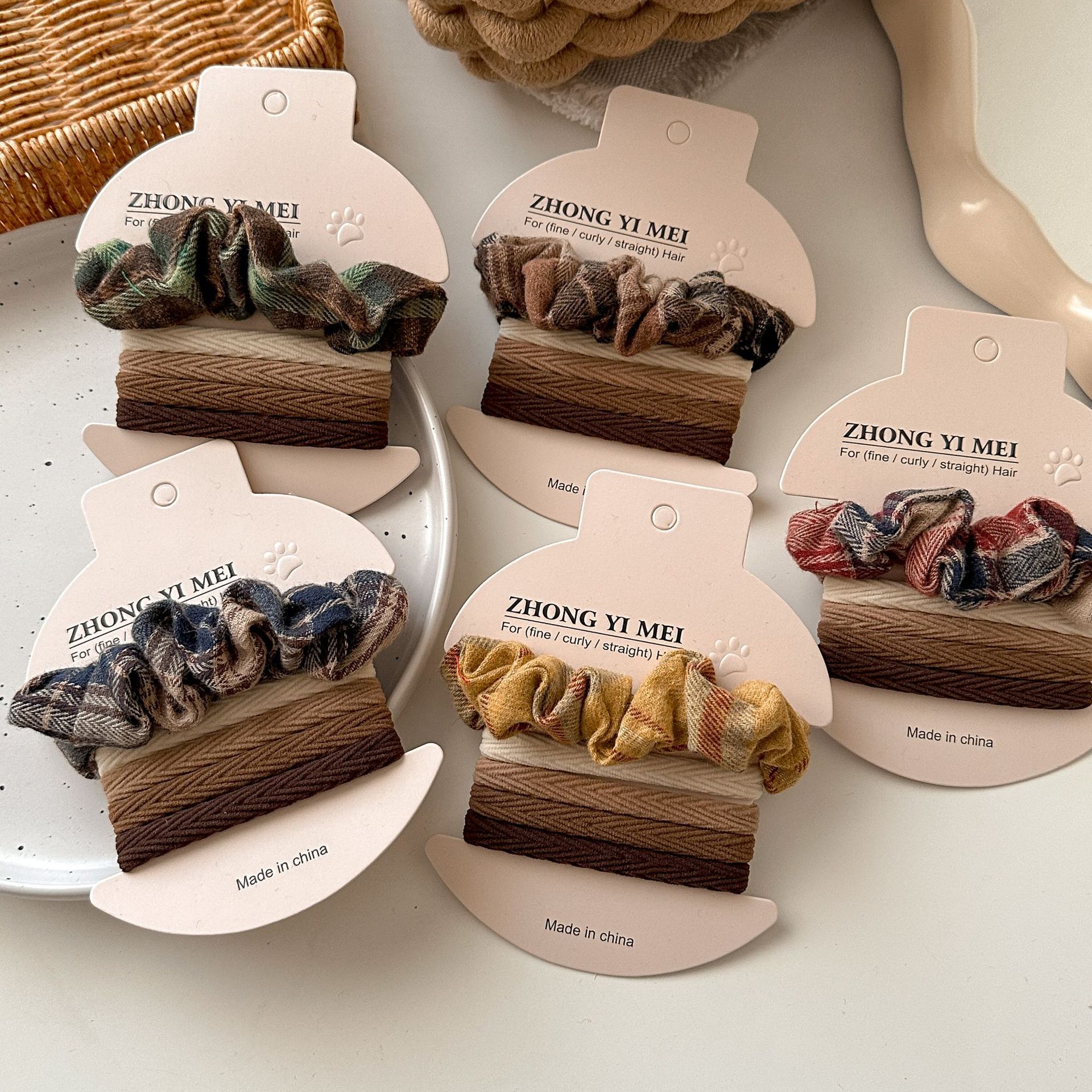 5根装章小蕙同款枕发绳不伤发绸缎褶皱格子复古发饰大肠绳女