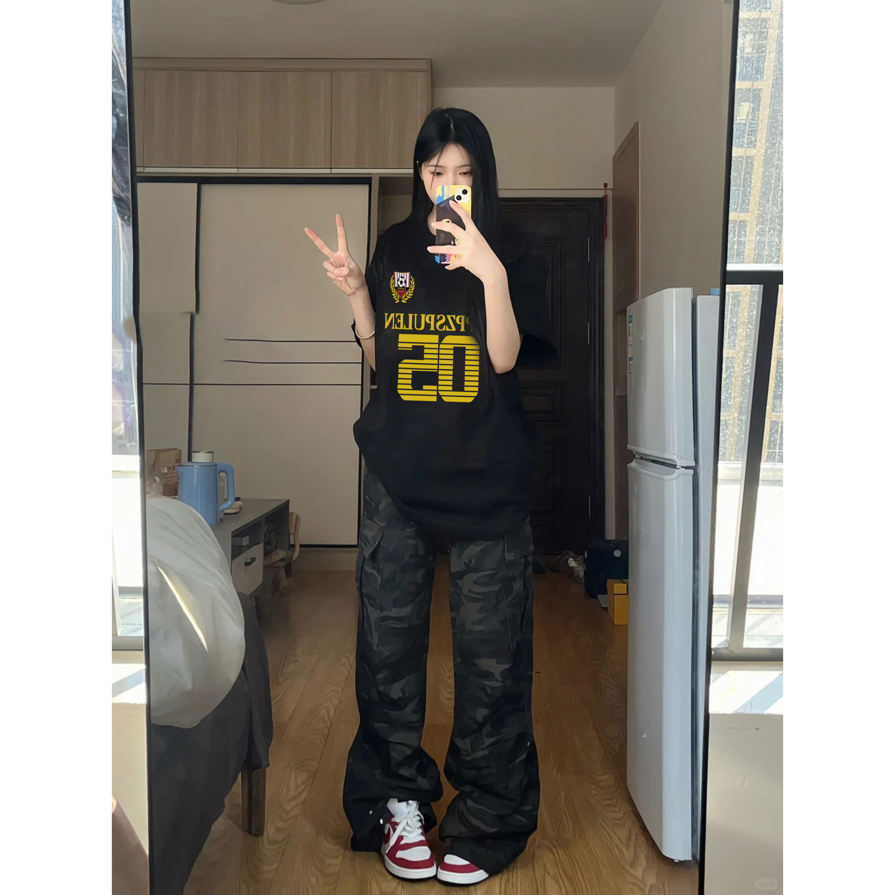 YWBY夏季新款潮牌穿搭显瘦短袖t恤女美式数字印花设计感圆领上衣