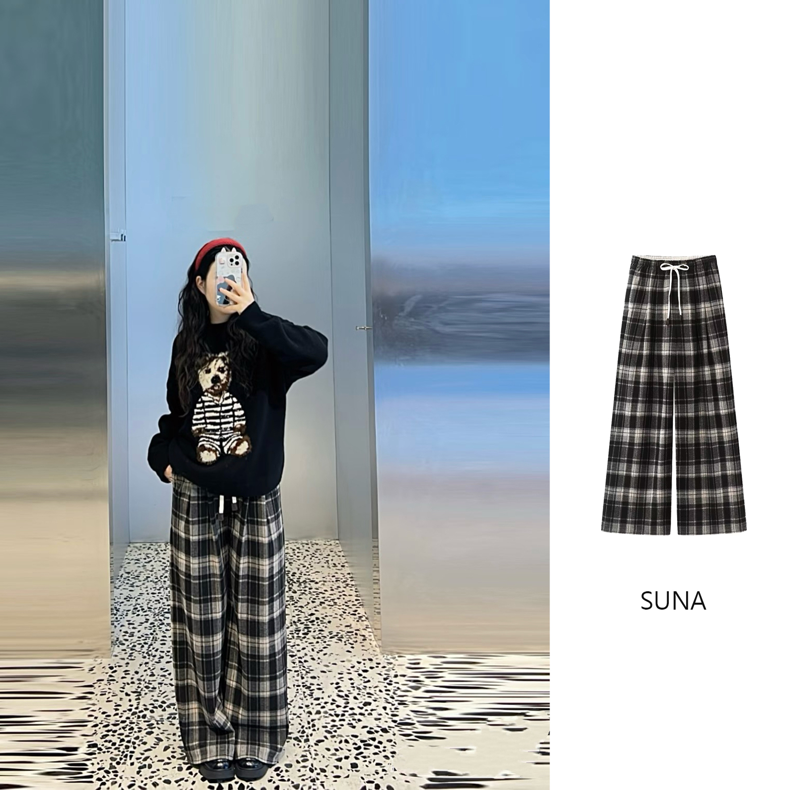 冬季松紧腰抽绳松弛感格纹直筒阔腿裤女垂坠感长裤加厚休闲裤