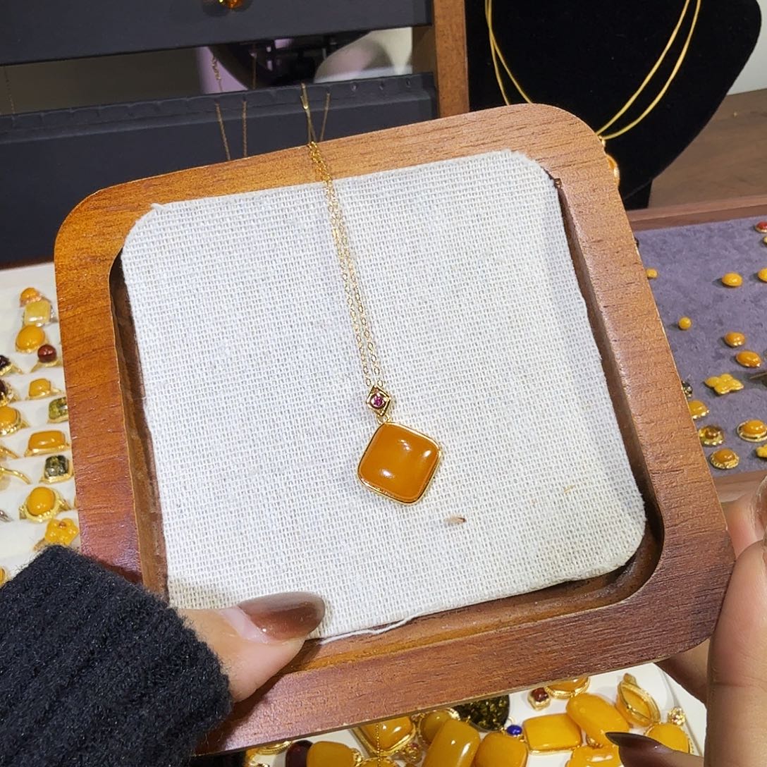 蜜蜡银S925镀金镶嵌颈饰蜜蜡项链