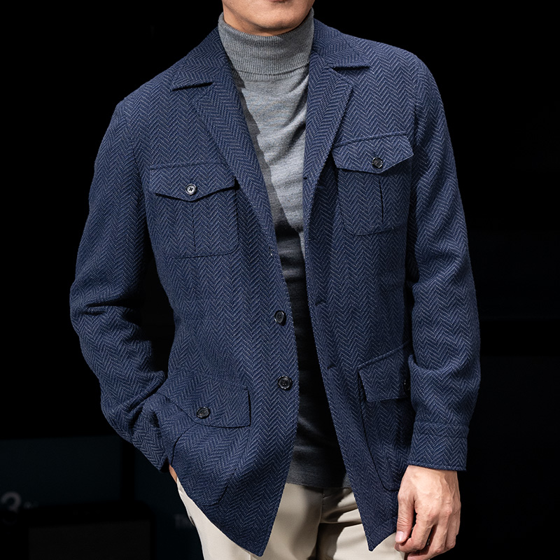 3% Three percent【1881面料】意大利进口灰蓝人字纹老钱风猎装外套