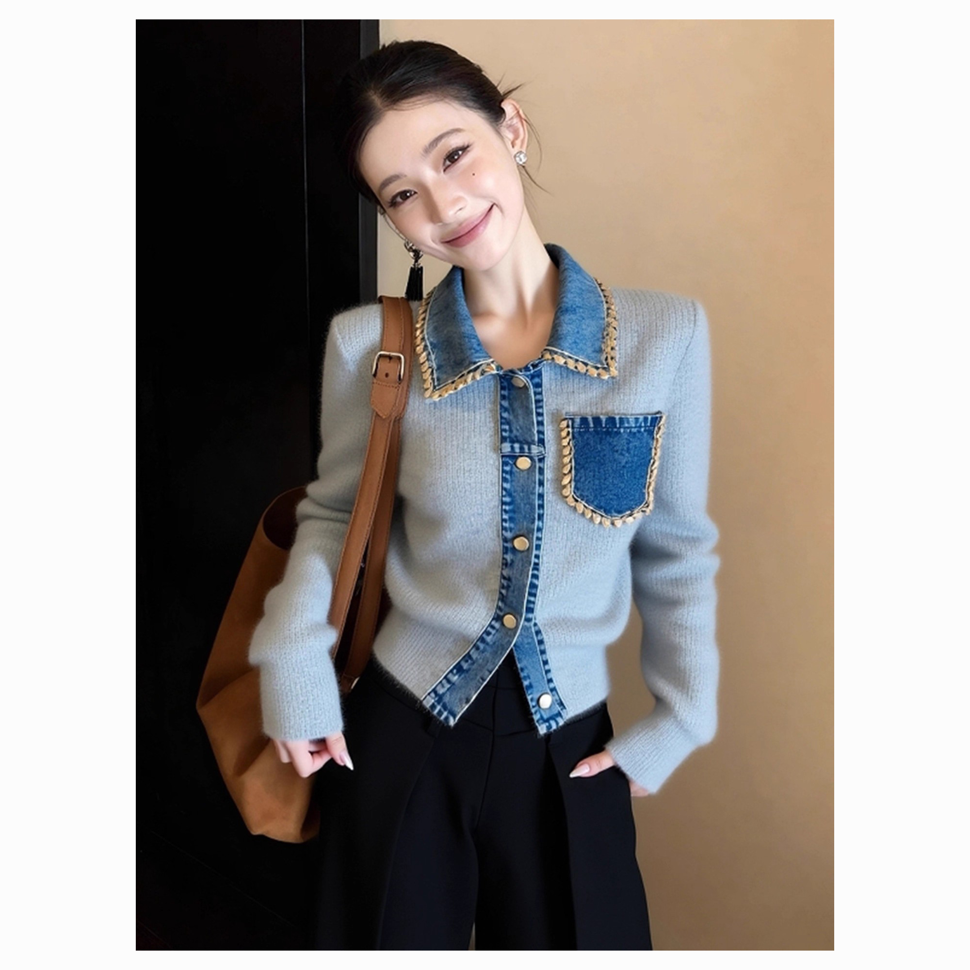 冬季别致独特小众不撞款高级感超好看时尚百搭蓝色牛仔拼接针织衫