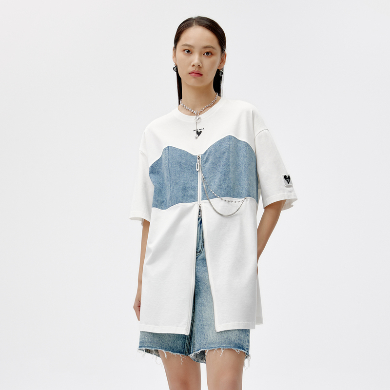 LY荷比俪夏新款女撞色牛仔字母金属拉链连衣裙HYC26750235