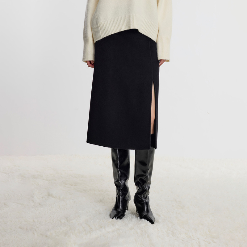 寺山文也 坠茵/纯山羊绒简约加厚开叉中长款高腰直筒半身裙女秋冬