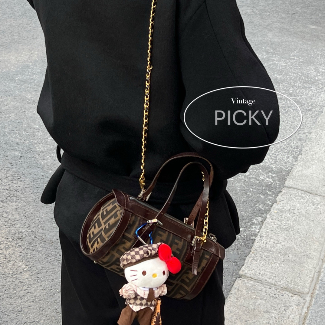 95新 FENDI/芬迪 复古 棕色 老花 银扣 巴比龙 手提包 