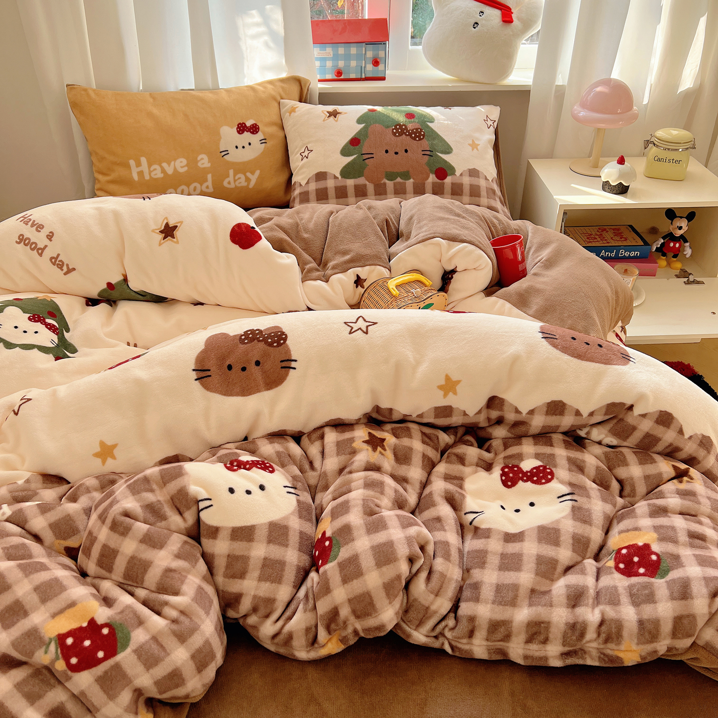 「梦皙」ins圣诞限定牛奶绒加厚四件套双面珊瑚绒卡通少女心被套床