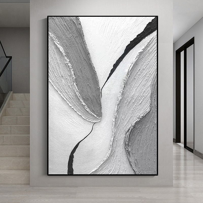 黑白灰纯手工厚肌理客厅装饰画竖版抽象沙发背景墙挂画玄关极简画