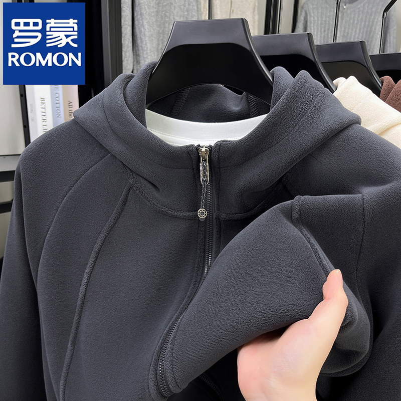 罗蒙男士秋冬新款连帽卫衣加绒加厚奥粒绒外套保暖抓绒衣休闲夹克