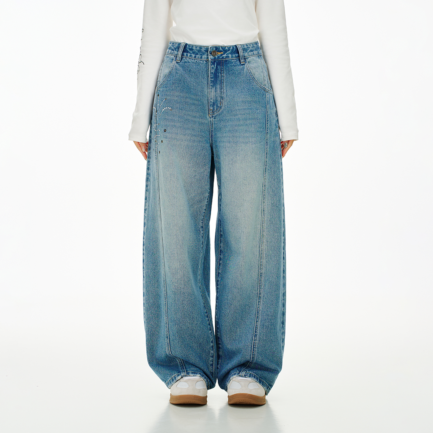 NSTNEW START发芽计划美式复古喷泉烫钻牛仔裤女立体剪裁廓形长裤