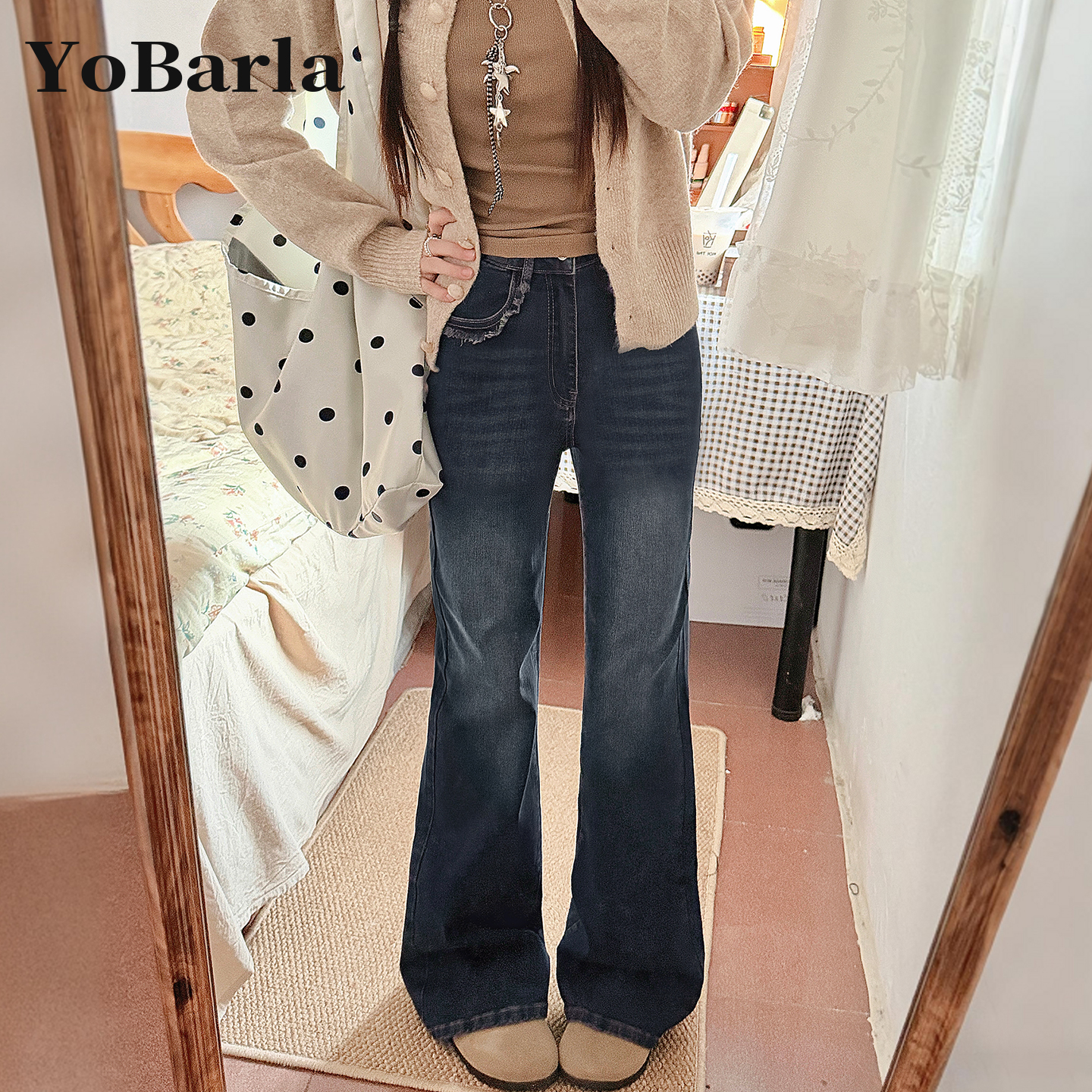 复古高腰微喇牛仔裤女秋冬新款大码胖mm梨形身材显瘦弹力马蹄裤子