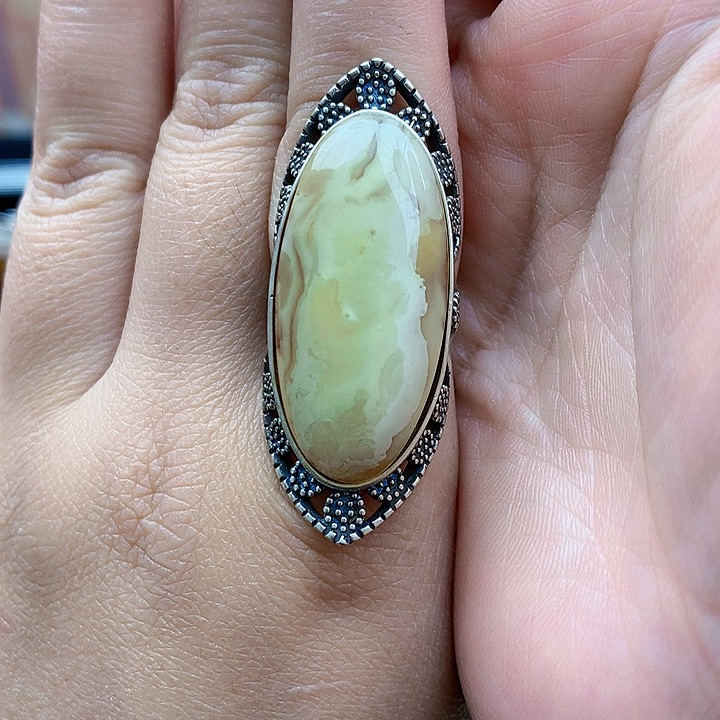 琥珀裸石银S925镶嵌戒指