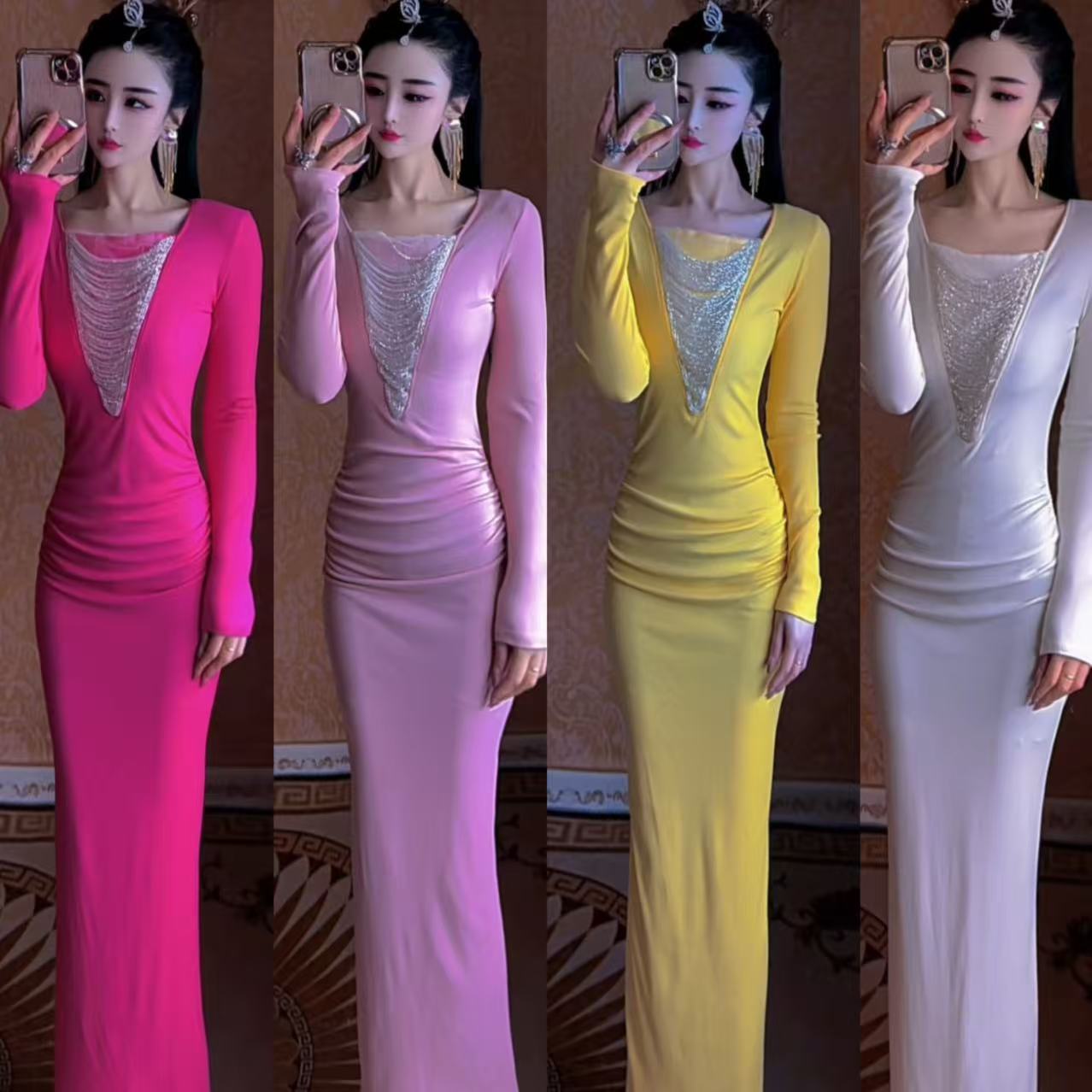 （法式气质）2026早春冬新款珠链拼接修身显瘦长袖包臀连衣裙307-1