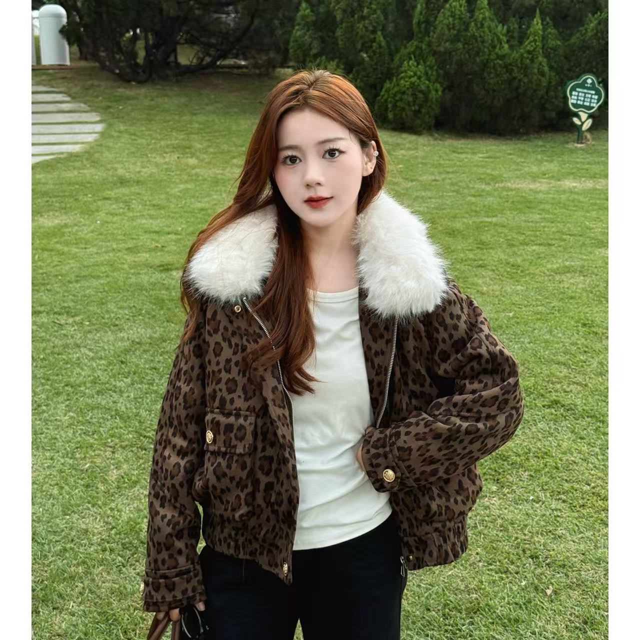 小个子加厚豹纹毛毛领棉服秋冬美式新款时尚保暖辣妹外套百搭2532