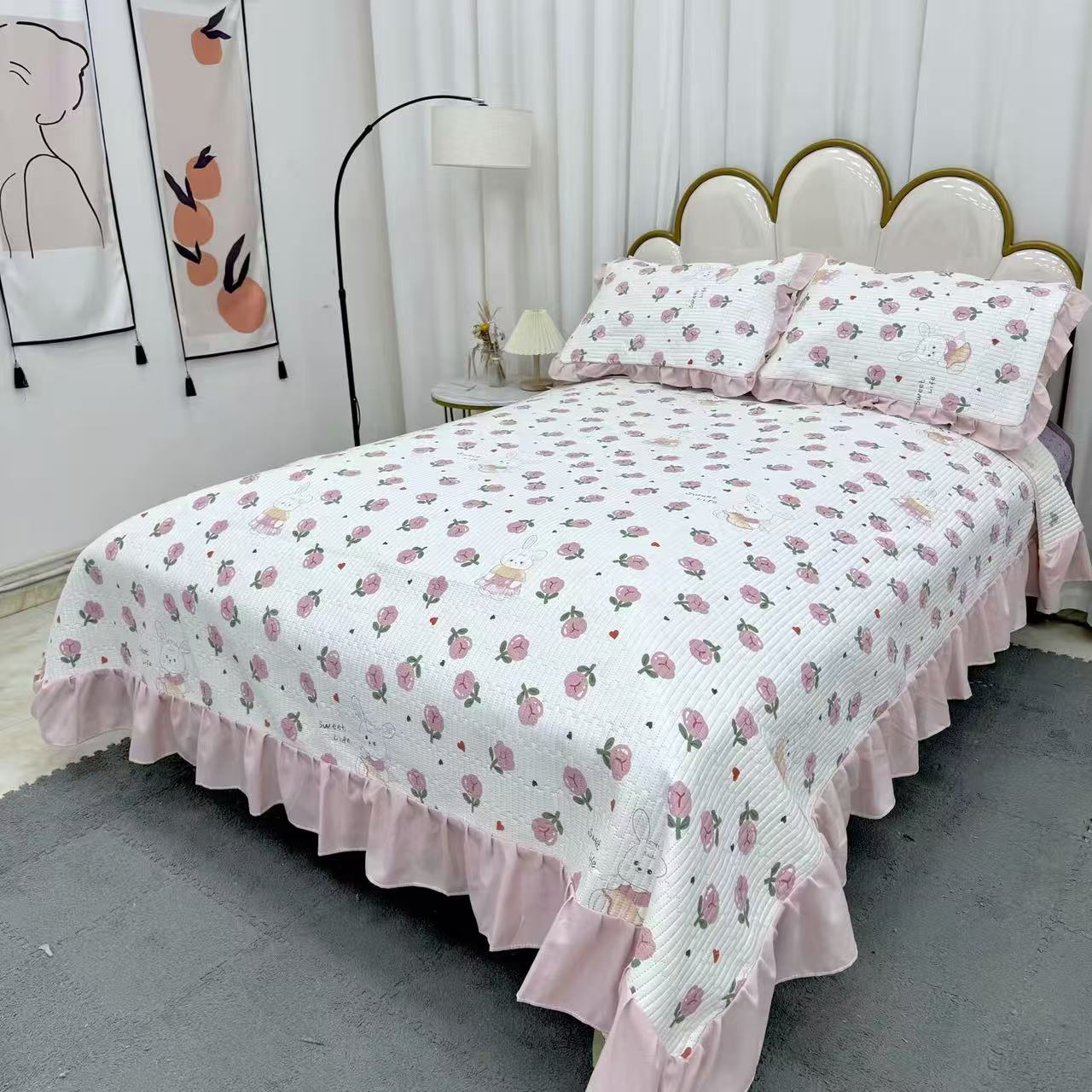 【玫瑰小兔】四季夹棉加厚针织棉小香风花边床盖三件套