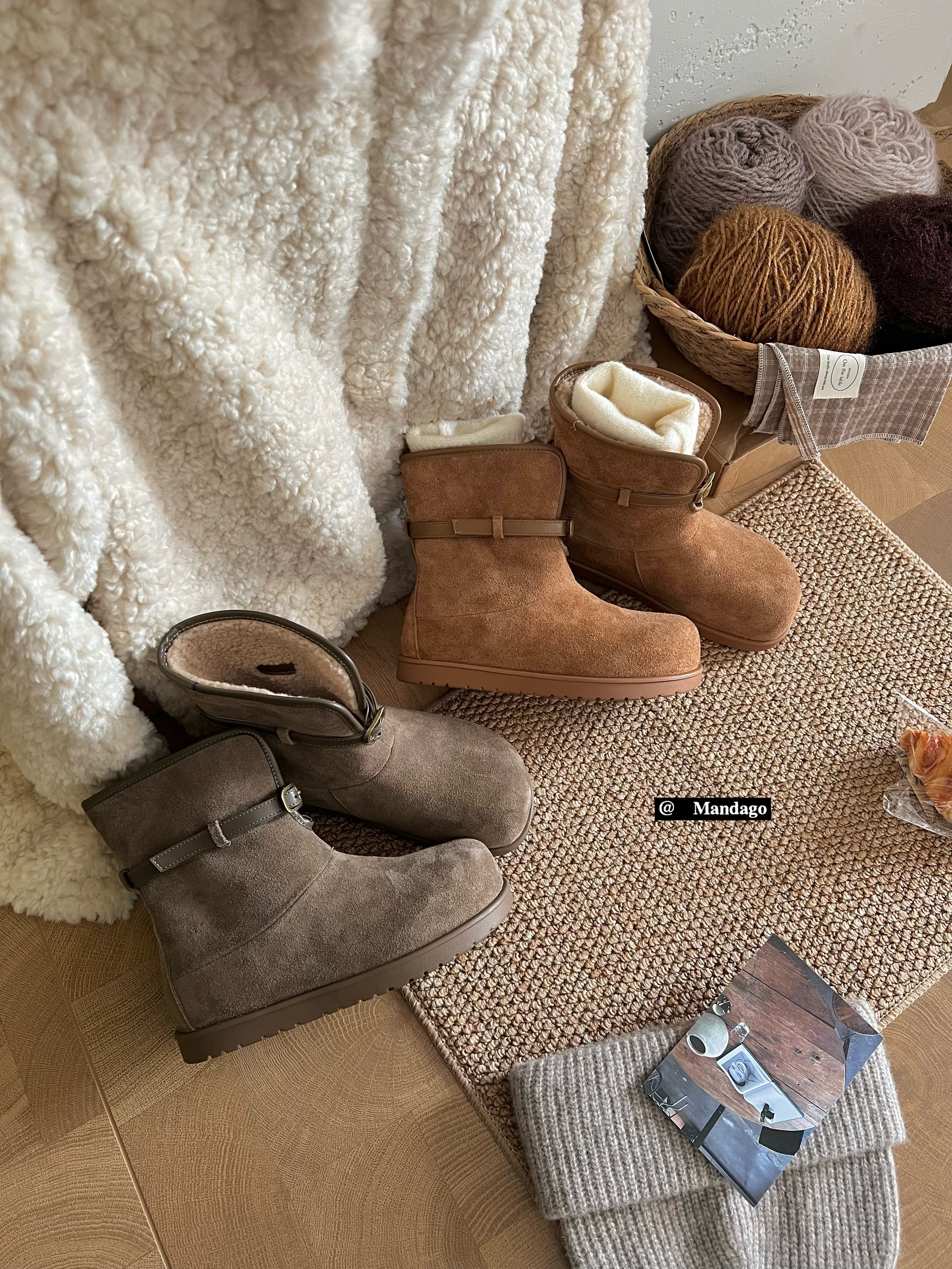 芒大果MANDAGO AB-6205真皮牛反绒小土豆加绒增高休闲日常雪地靴