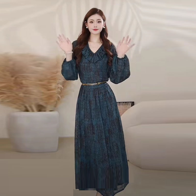 【商场同款】早秋新款百搭复古宽松印花两件套长袖连衣裙裙子550039