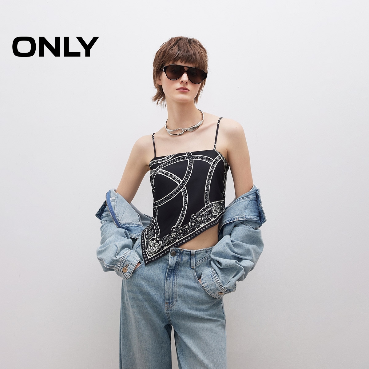 ONLY2025夏季新款慵懒复古印花绑带丝巾吊带雪纺衫女|1252WS009