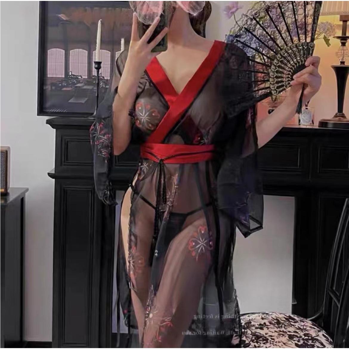 俏朵性感内衣睡衣印花黑色日系和服套装