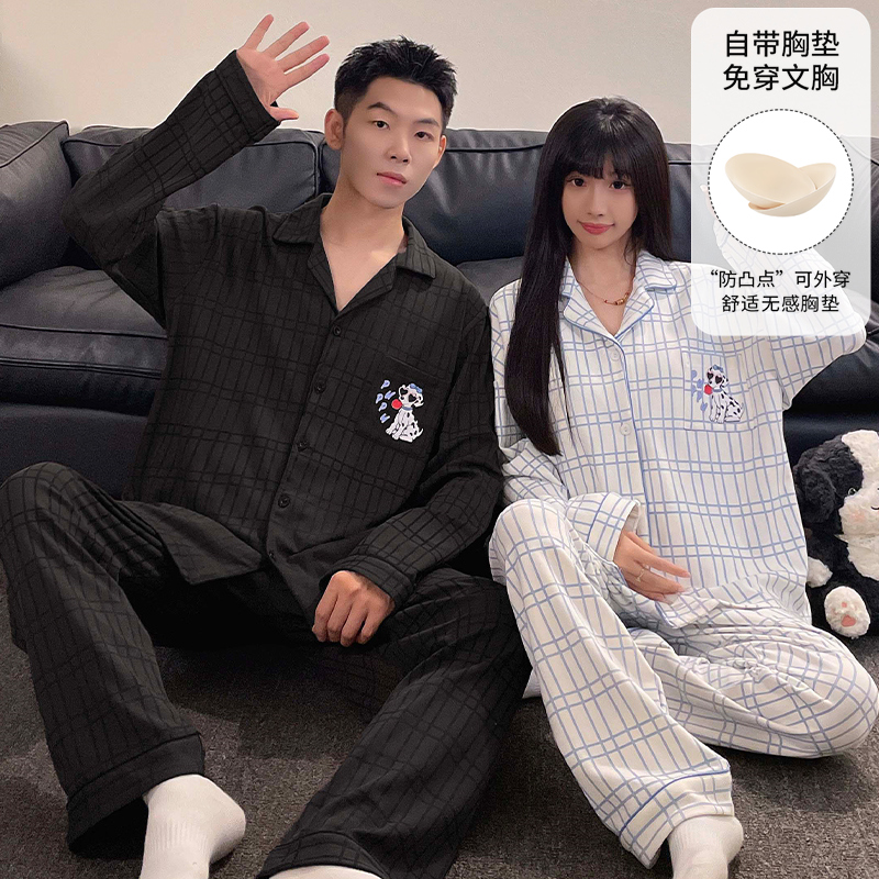 2025年新款高级感情侣睡衣带胸垫女秋冬季长袖保暖男士家居服套装