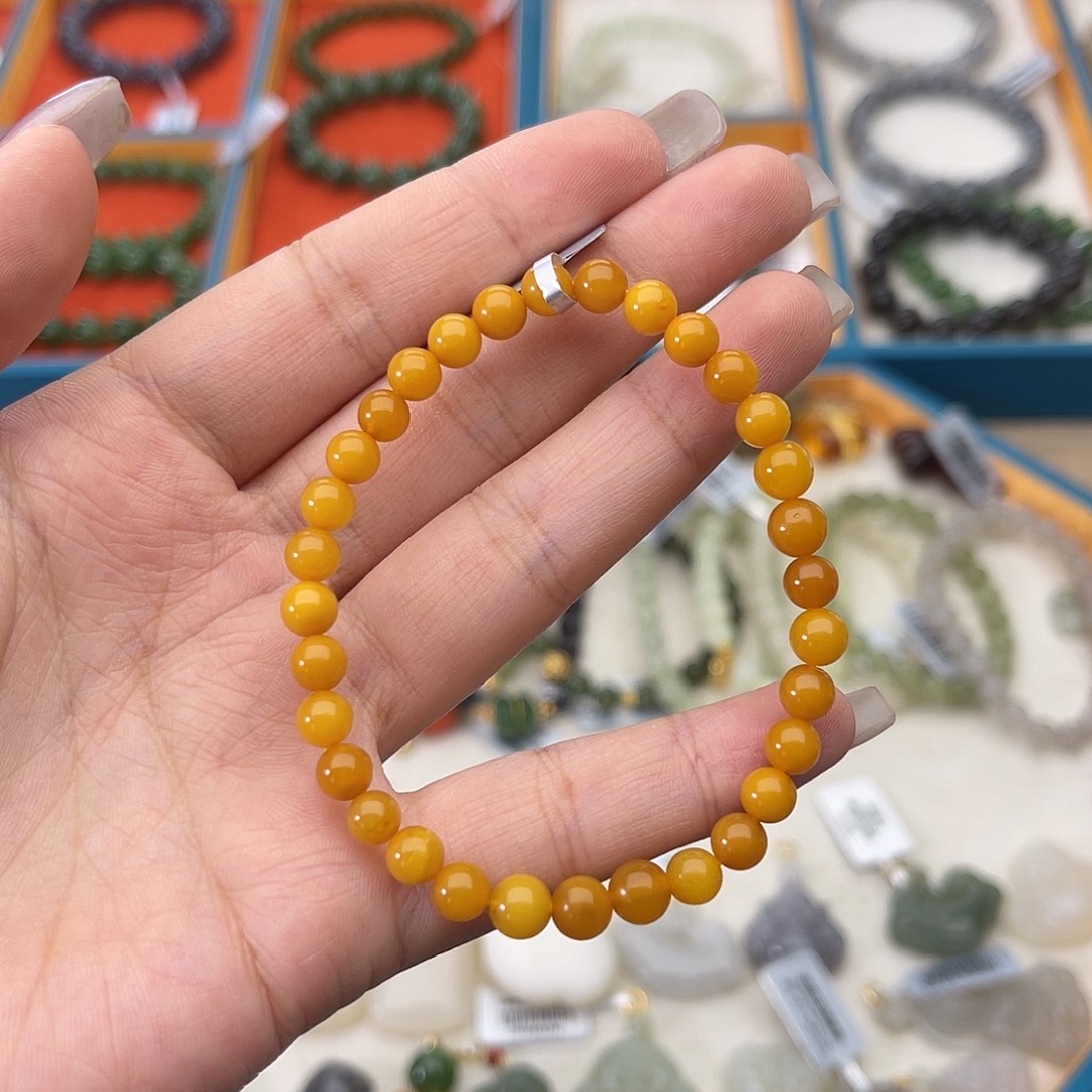 琥珀未镶嵌手链w6蜜蜡6mm