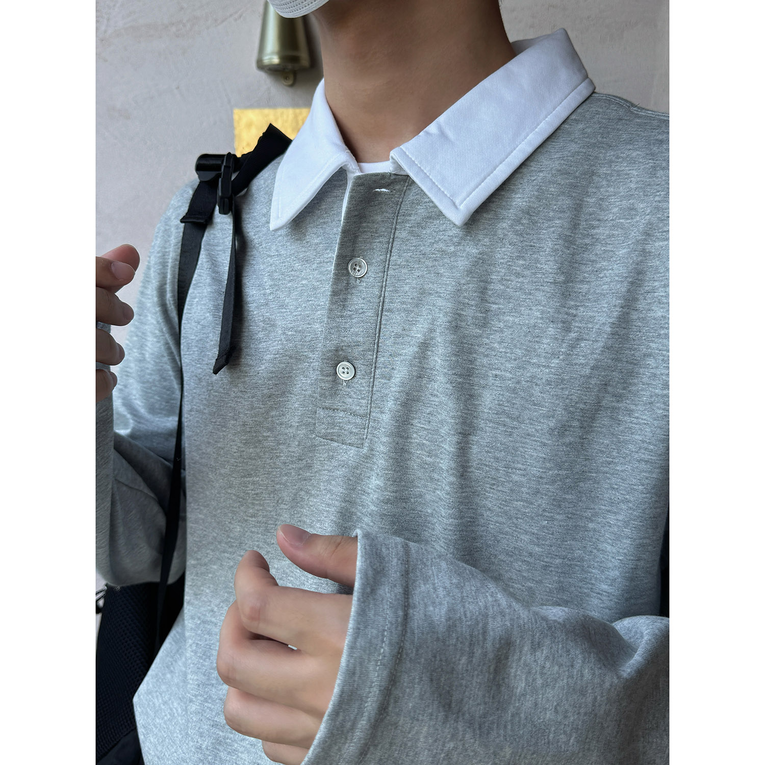 19studio WAYNEPRINCE 撞色拼接假两件长袖T恤宽松polo领打底上衣