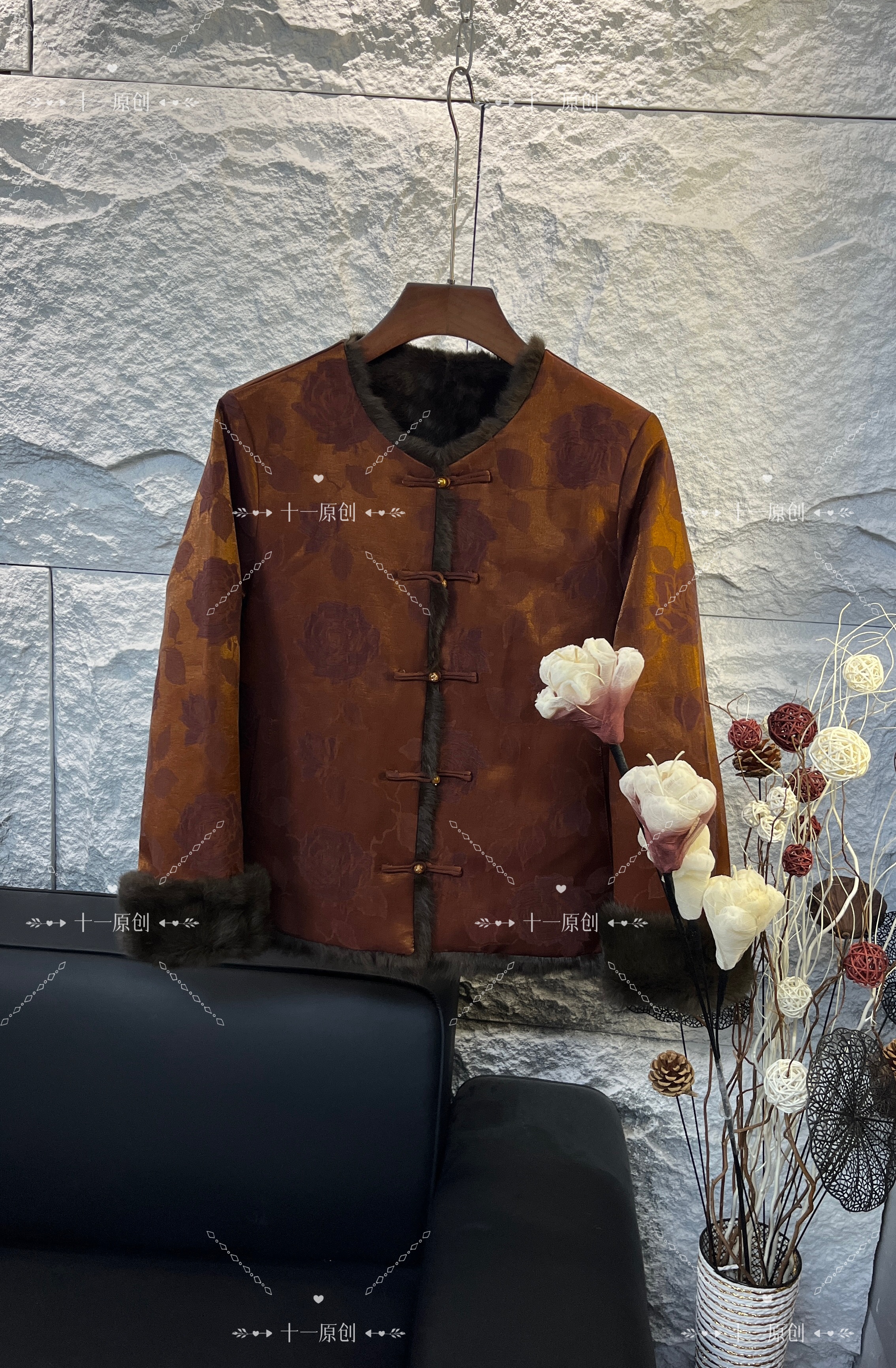 【琉璃】两面穿皮草新中式国风浮光锦外套女2025冬款兔毛上衣