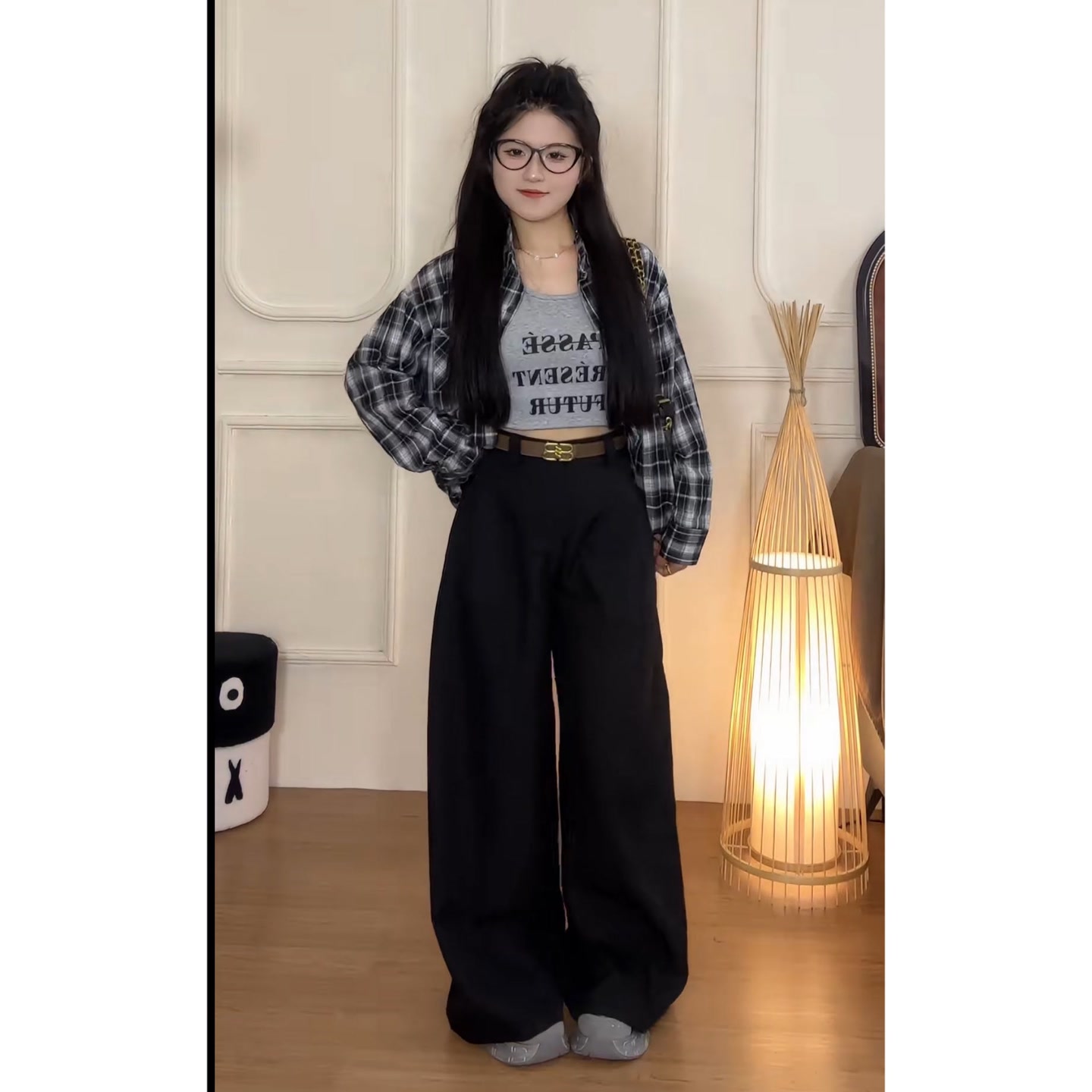 YOO [韩系风]格子衬衫背心两件套010一显瘦西装裤(配腰带)671一