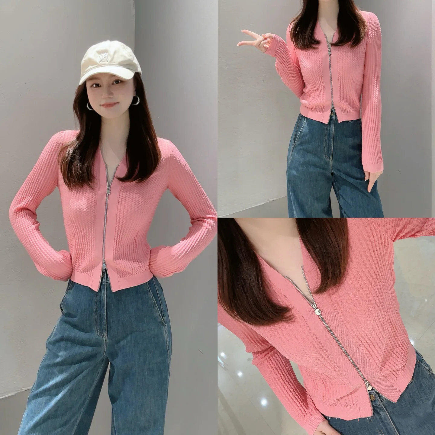 【商场同款】2025秋新款时尚V领双头拉链长袖针织开衫女上衣548026