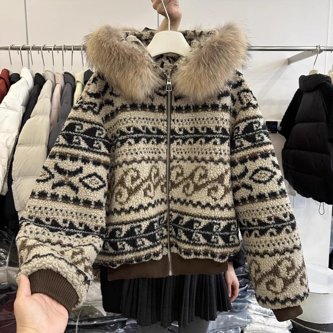 真狐狸毛领费尔岛印花连帽羊羔毛毛外套女秋冬休闲加厚保暖外套女