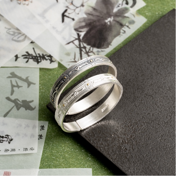 足银手镯  金沙文化丨纯手工錾刻金银错工艺小清新百搭约45g