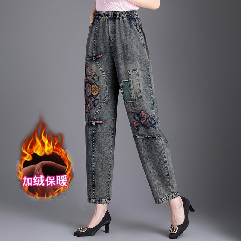 刺绣宽松裤子加绒加厚款保暖哈伦裤高腰牛仔裤民族风