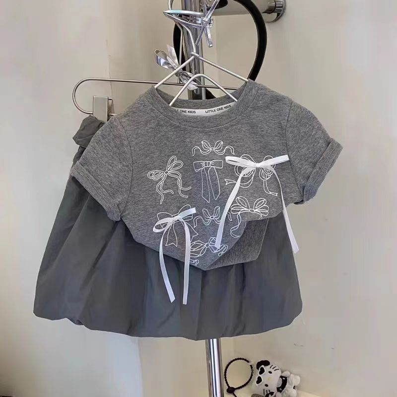 新款女童夏季可爱蝴蝶结灰色精品T袖爆款潮酷时尚可爱洋气上衣