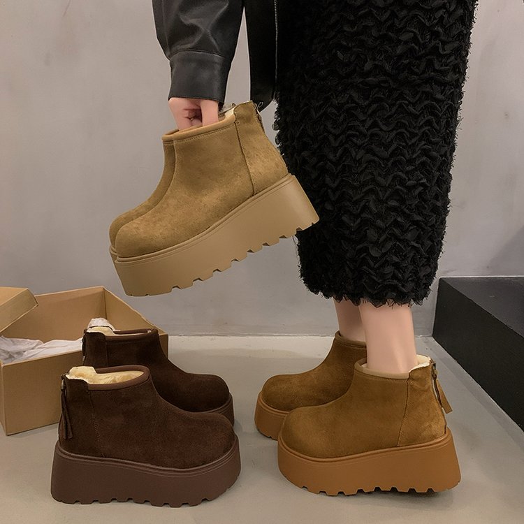 冬季时尚雪地靴厚底增高女鞋棉鞋后拉链加大绒女短靴