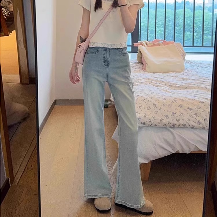微胖浅蓝色高腰微喇牛仔裤女薄款窄版直筒裤宽松垂感拖地裤