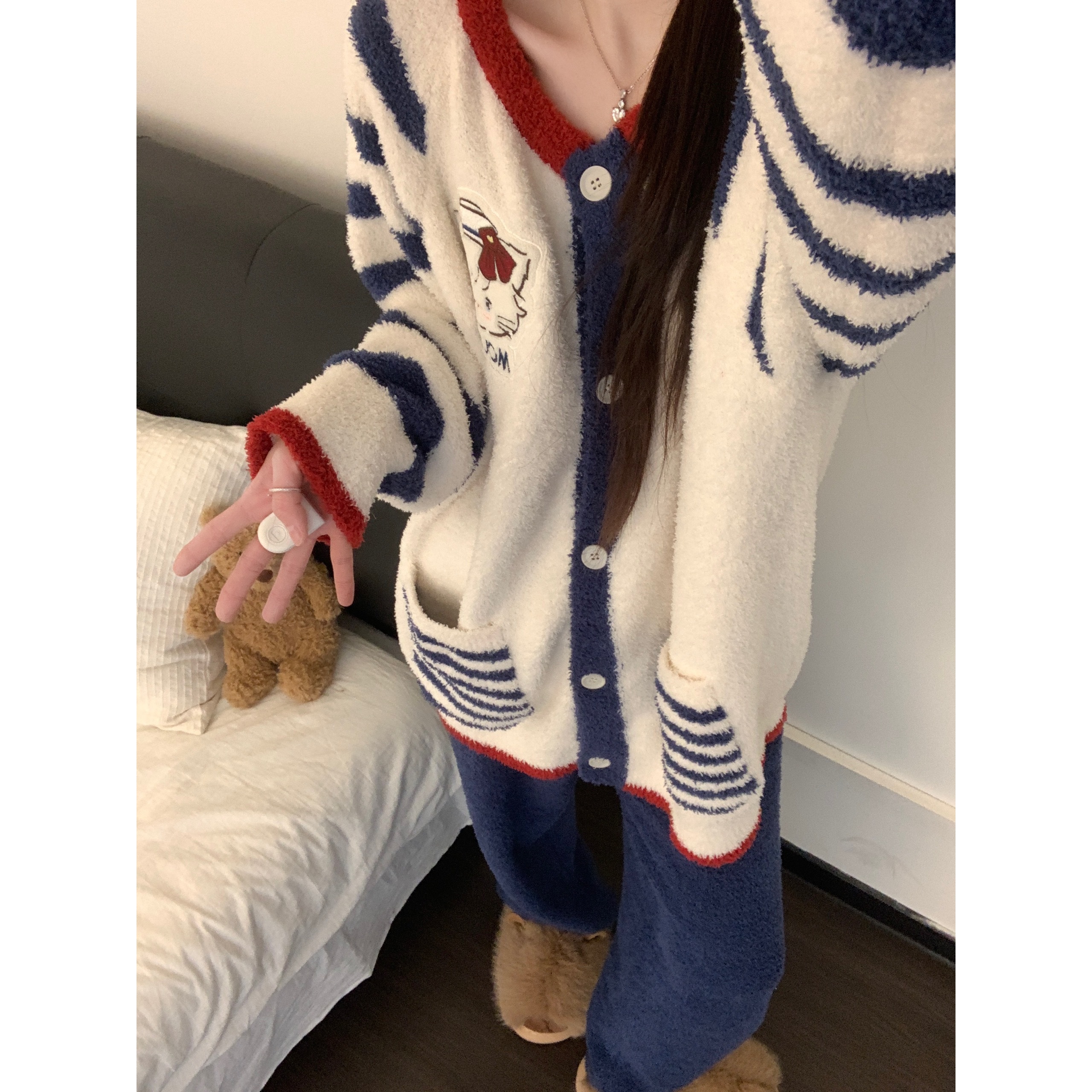 甜美可爱条纹Kitty猫半边绒睡衣女秋冬款加厚保暖针织家居服套装