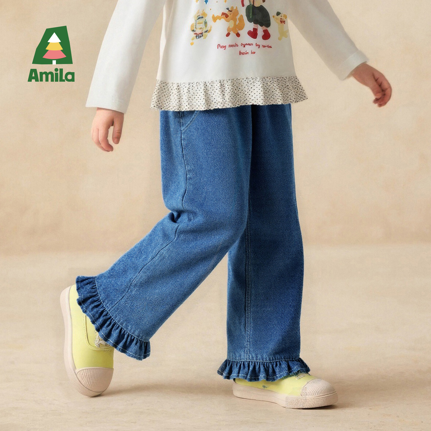 Amila2025新款秋季简约百搭花边女童牛仔裤XQ5NZ489
