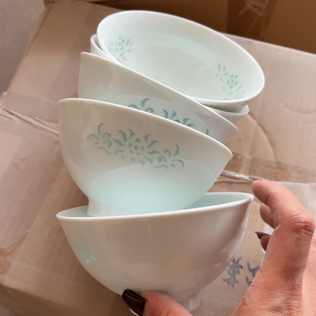 青瓷米饭碗五个无底款看图看图鸡心