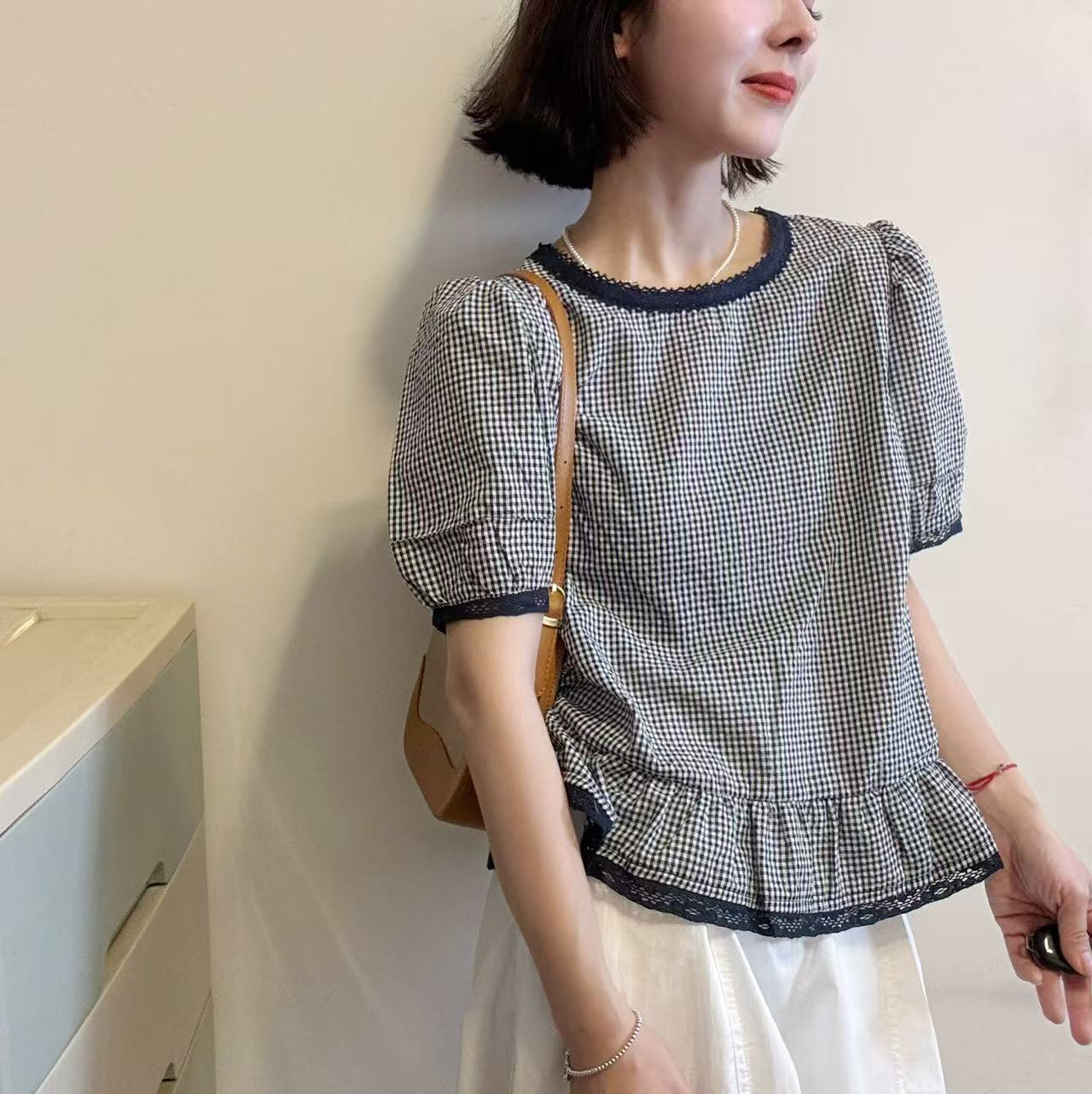  【棉】法式千鸟格子泡泡袖娃娃衫短款衬衫女2025夏减龄上衣7719
