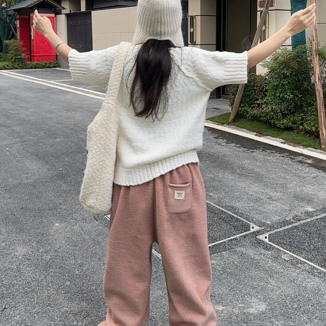 LULU BUNNY 羊毛机肌理感中心袖纯色圆领宽松套头针织