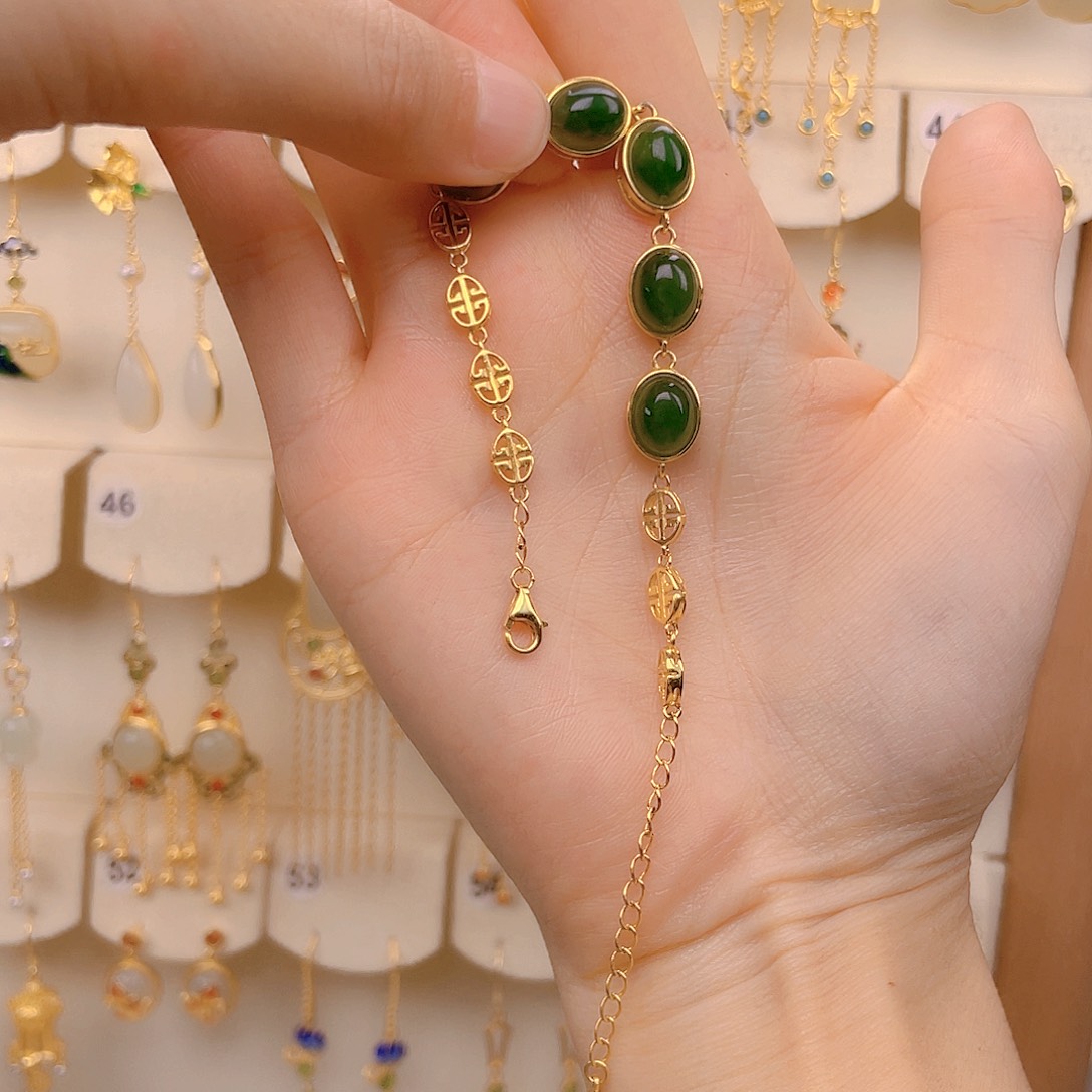 和田玉手链银S925镀金镶嵌