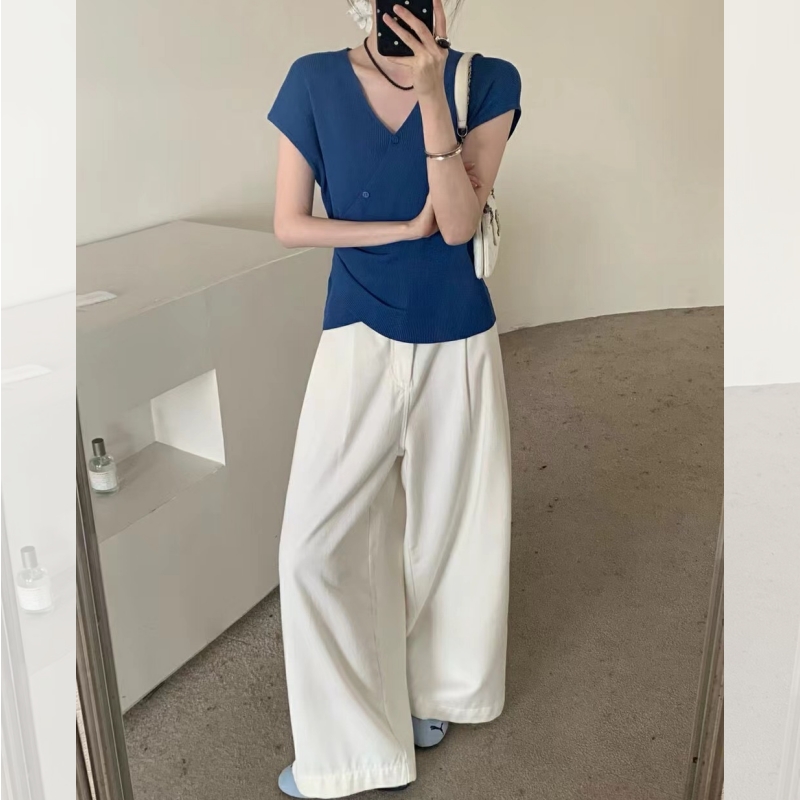 冰丝小飞袖针织短袖t恤女夏季2025新款超好看独特漂亮V领交叉上衣