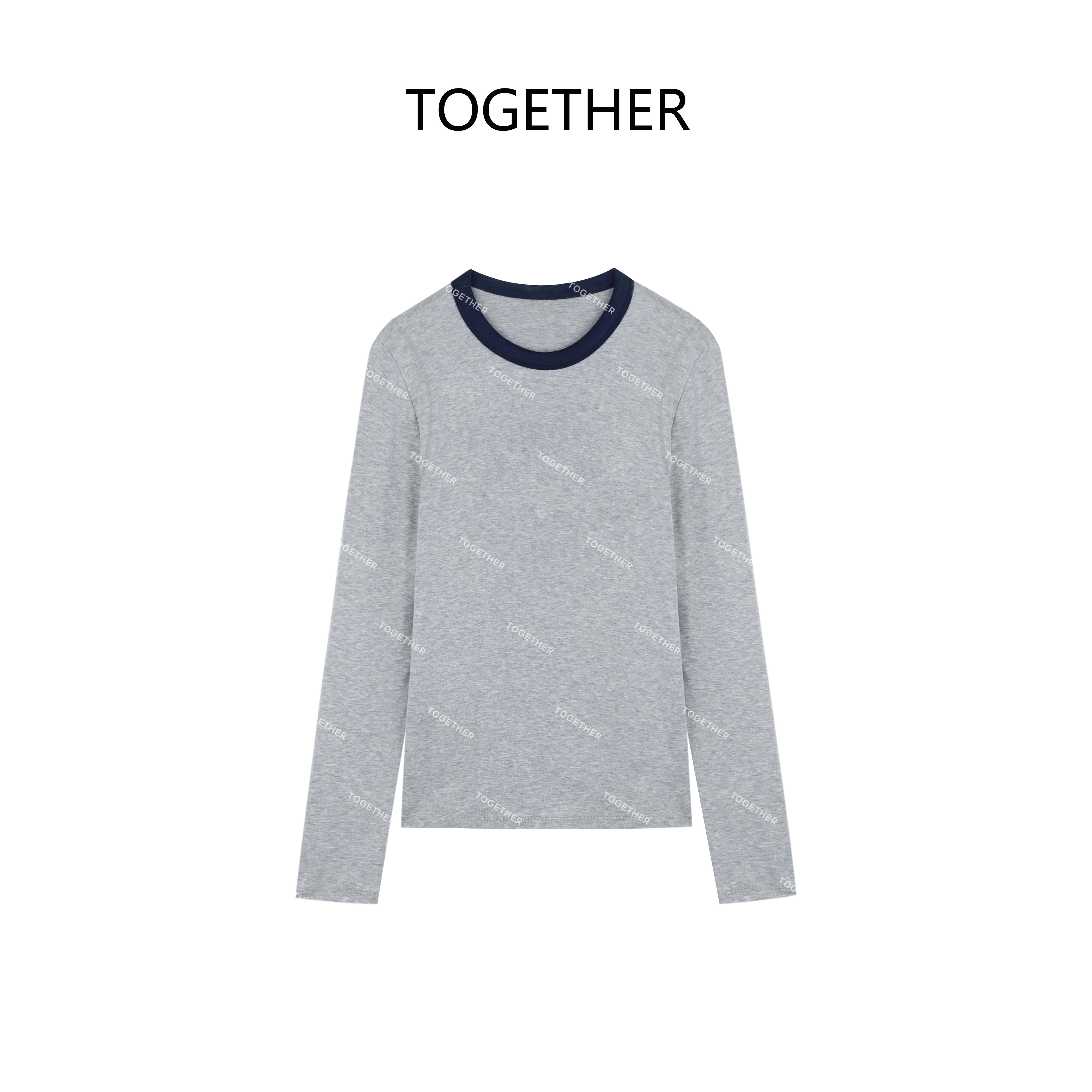  【TOGETHER】· 一枫 · 早秋圆领撞色拼接天丝羊毛百搭长袖T恤R1928