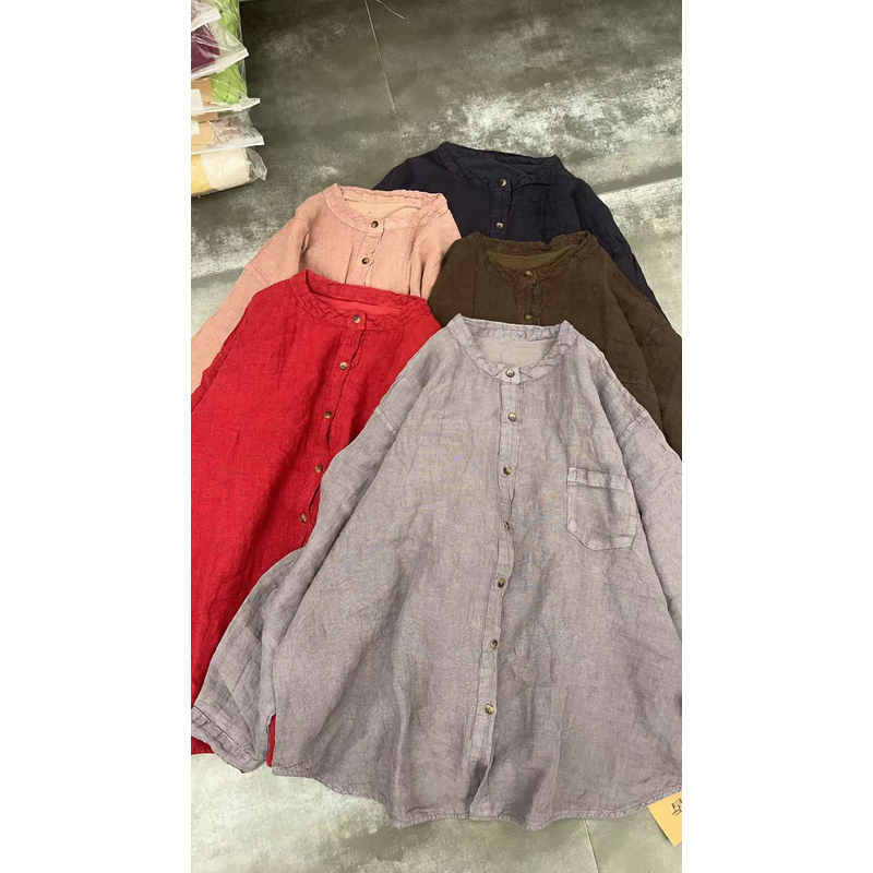 3698双层亚麻雨露麻衬衫立领复古文艺百搭衣长70胸围140