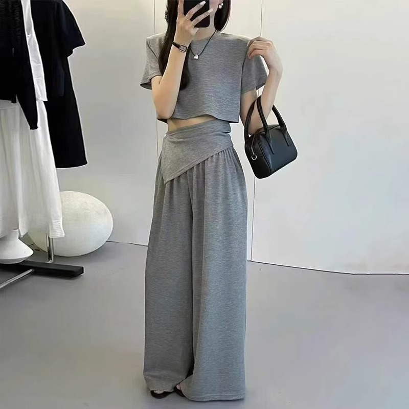 2823#时尚不规则阔腿裤套装女韩系夏季洋气减龄显瘦短款T恤两件套