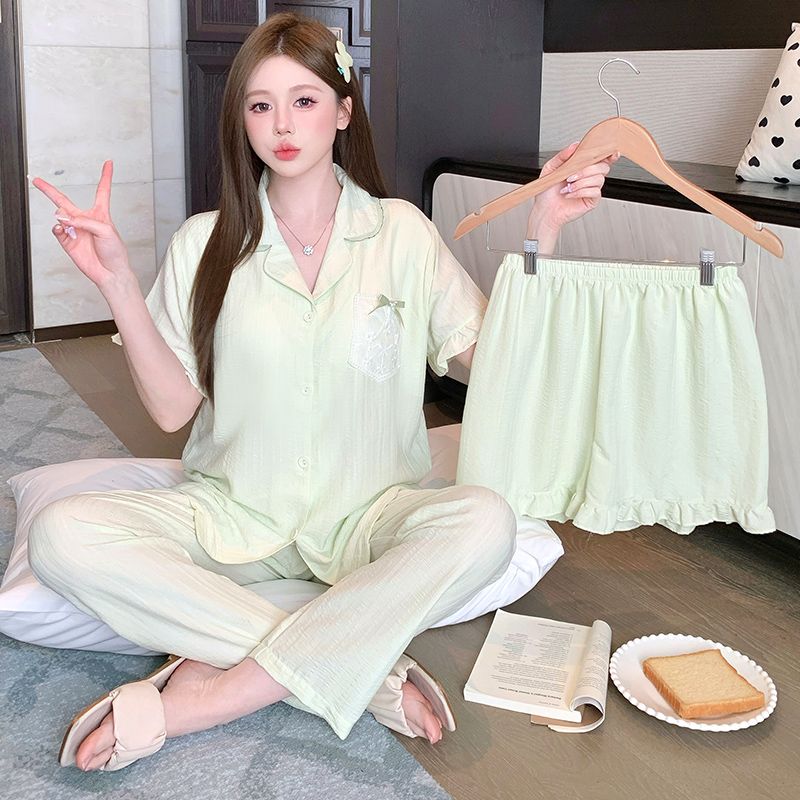 2025年新款甜美带胸垫夏季短袖睡衣女三件套翻领透气家居服套装潮